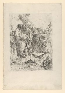 Woman kneeling in front of magicians and other figures, from the Scherzi, ca. 1743-50. Creator: Giovanni Battista Tiepolo