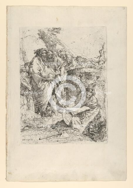 Woman kneeling in front of magicians and other figures, from the Scherzi, ca. 1743-50. Creator: Giovanni Battista Tiepolo.
