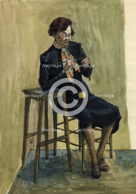 Woman knitting, c1950. Creator: Shirley Markham.
