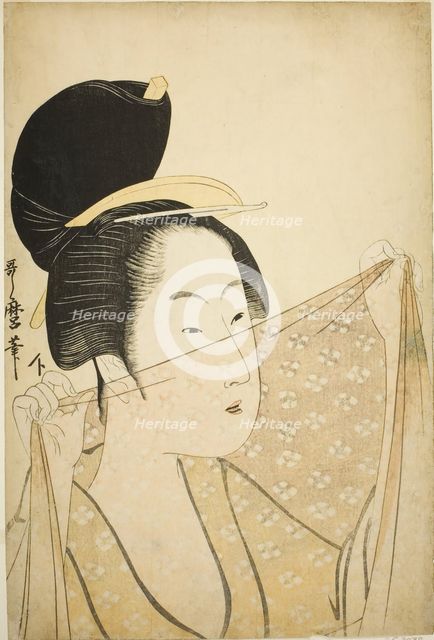 Woman Holding up a Piece of Fabric (Nuno o kazasu onna), Japan, c. 1795/96. Creator: Kitagawa Utamaro.