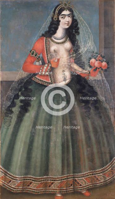 Woman Holding A Bunch of Roses, Mid of the 19th cen.. Artist: Iranian master  