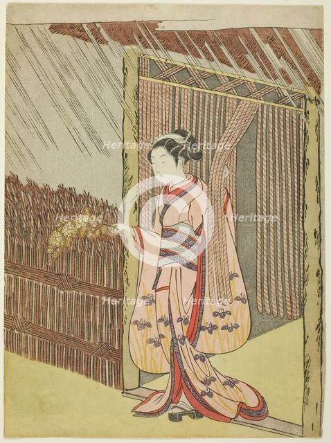 Woman Holding a Branch of Kerria Flowers in the Rain (parody of Ota Dokan), c. 1766/67. Creator: Suzuki Harunobu.