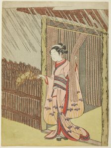 Woman Holding a Branch of Kerria Flowers in the Rain (parody of Ota Dokan), c. 1766/67. Creator: Suzuki Harunobu