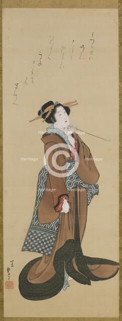 Woman Holding a Tobacco Pipe, ca. 1814-1815. Creator: Hokusai.