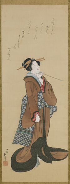 Woman Holding a Tobacco Pipe, ca. 1814-1815. Creator: Hokusai