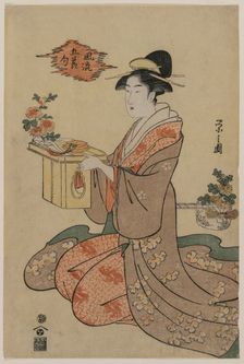 Woman Holding a Wooden Cup Stand Decorated with Chrysanthemums..., mid 1790s. Creator: Ch?bunsai Eishi (Japanese, 1756-1829)