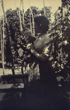 Woman holding an infant outdoors, between 1920 and 1940. Creator: Unknown