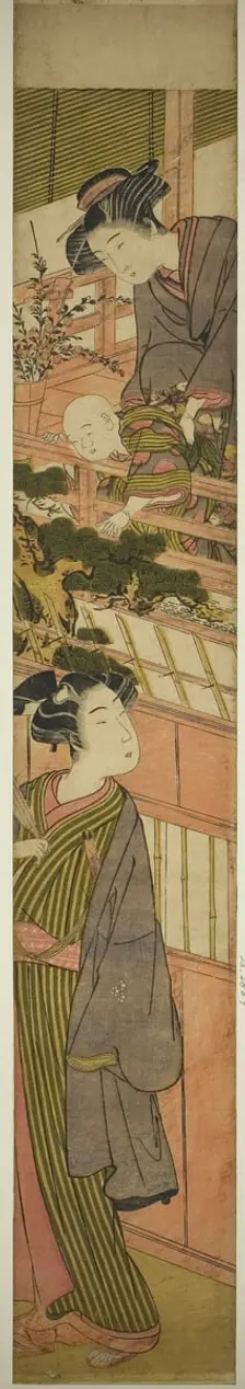 Woman Holding Boy who is Reaching Out to Young Man Below, c. 1776. Creator: Kitao Shigemasa