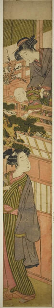 Woman Holding Boy who is Reaching Out to Young Man Below, c. 1776. Creator: Kitao Shigemasa