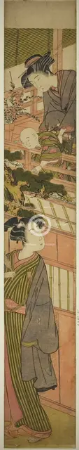 Woman Holding Boy who is Reaching Out to Young Man Below, c. 1776. Creator: Kitao Shigemasa.