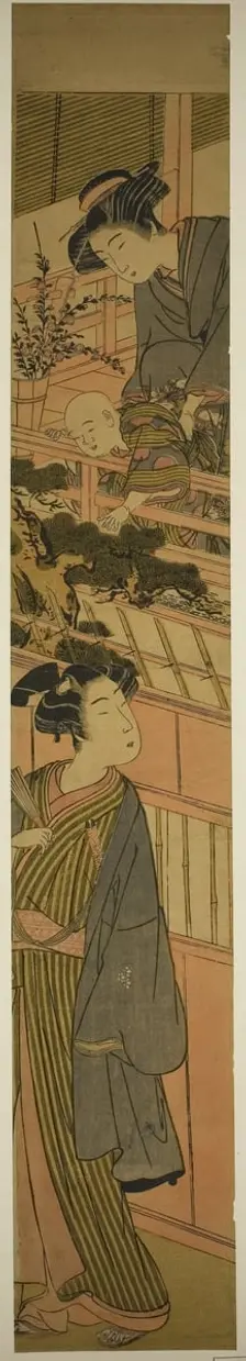 Woman Holding Boy who is Reaching Out to Young Man Below, c. 1776. Creator: Kitao Shigemasa