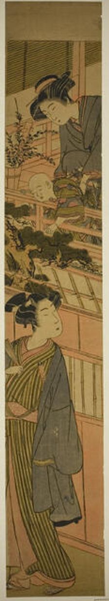 Woman Holding Boy who is Reaching Out to Young Man Below, c. 1776. Creator: Kitao Shigemasa