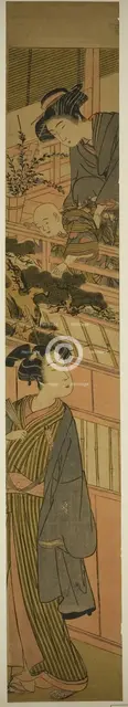 Woman Holding Boy who is Reaching Out to Young Man Below, c. 1776. Creator: Kitao Shigemasa.