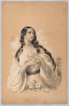 Woman Holding Flowers, in The New York Drawing Book, Containing a Series of Original Desig..., 1847. Creator: Frances Flora Bond Palmer