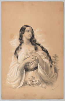 Woman Holding Flowers, in The New York Drawing Book, Containing a Series of Original Desig..., 1847. Creator: Frances Flora Bond Palmer