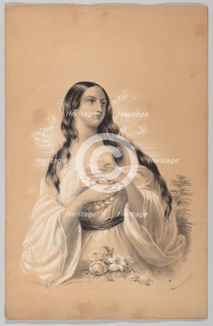 Woman Holding Flowers, in The New York Drawing Book, Containing a Series of Original Desig..., 1847. Creator: Frances Flora Bond Palmer.