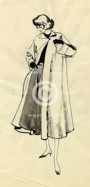 Woman in coat and full skirt, c1950. Creator: Shirley Markham.