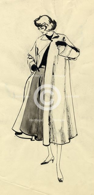 Woman in coat and full skirt, c1950. Creator: Shirley Markham.