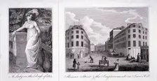 Woman in a dress and London street scene, 1803. Artist: Anon