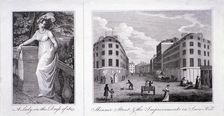 Woman in a dress and London street scene, 1803. Artist: Anon