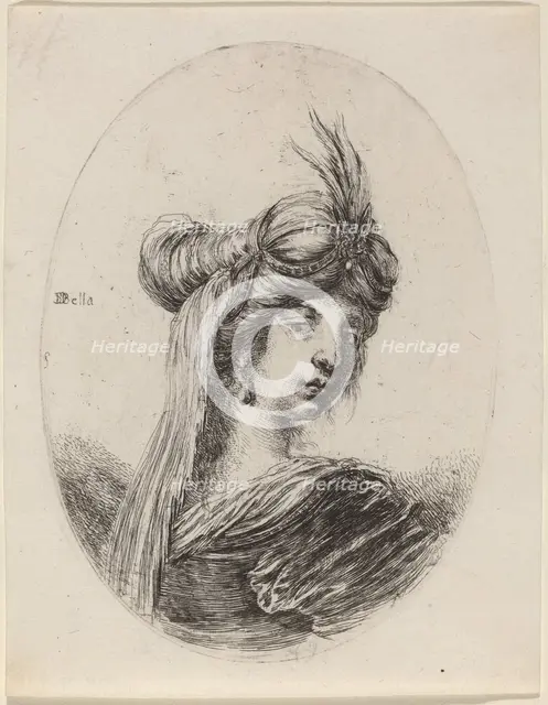 Woman in a Feathered Turban with a Veil, Turned to the Right, 1649/1650. Creator: Stefano della Bella.