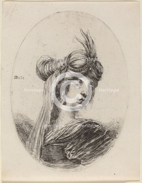 Woman in a Feathered Turban with a Veil, Turned to the Right, 1649/1650. Creator: Stefano della Bella.