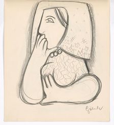 Woman in a flowered scarf with her chin supported, 1938. Creator: Mikulas Galanda