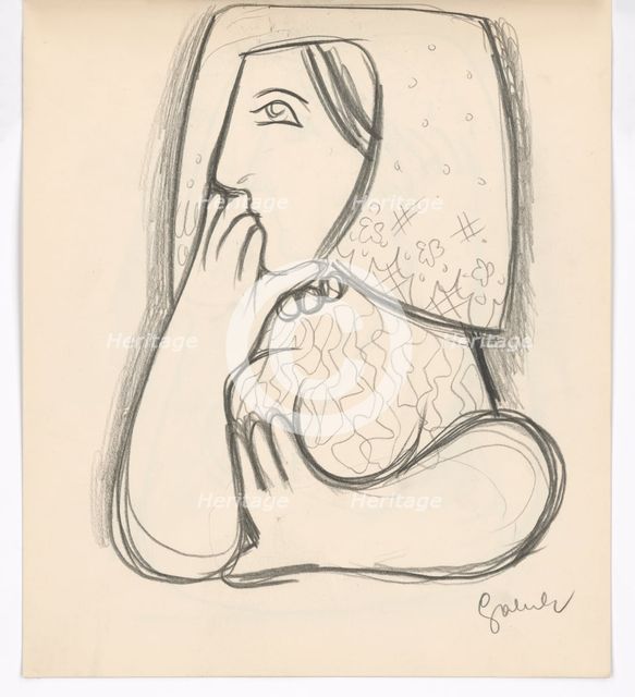 Woman in a flowered scarf with her chin supported, 1938. Creator: Mikulas Galanda.
