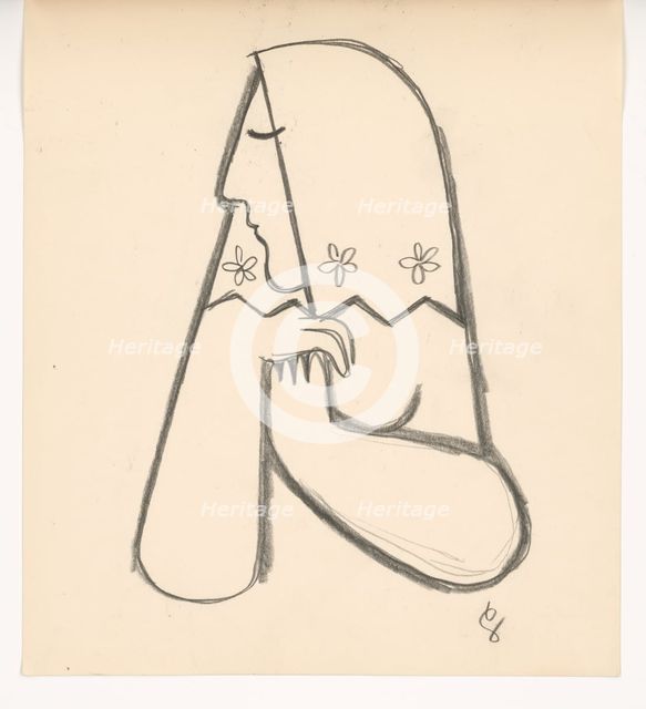 Woman in a flowered scarf with her hands supporting her, 1938. Creator: Mikulas Galanda.