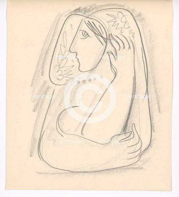 Woman in a flowered scarf supporting her ears, 1938. Creator: Mikulas Galanda.