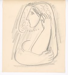 Woman in a flowered scarf supporting her ears, 1938. Creator: Mikulas Galanda