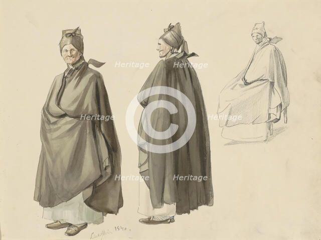Woman in a long cloak and hood, seen from different views, 1840. Creator: Johannes Tavenraat.