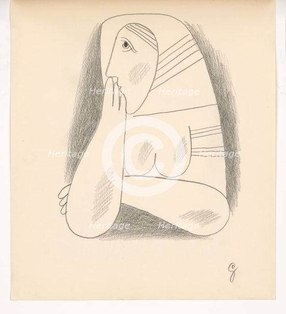 Woman in a striped scarf and a braid with her face supported, 1938. Creator: Mikulas Galanda.