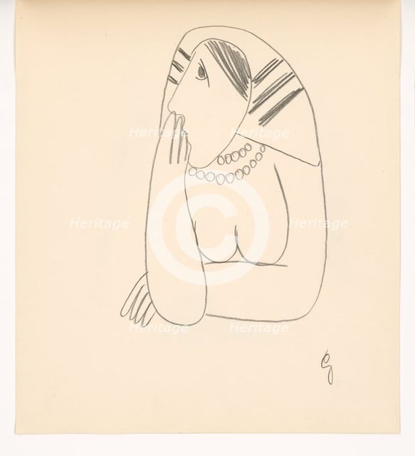 Woman in a striped scarf with her face supported, 1938. Creator: Mikulas Galanda.