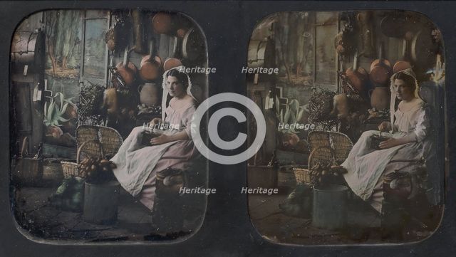 [Woman in Apron and Bonnet Grinding Coffee in Kitchen Setting], 1850s. Creator: Unknown.