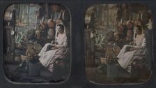 [Woman in Apron and Bonnet Grinding Coffee in Kitchen Setting], 1850s. Creator: Unknown