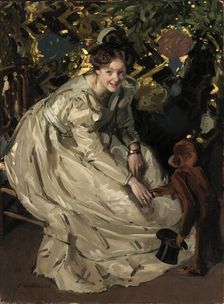 Woman in Arbor with Monkey, late 19th-early 20th century. Creator: Claudio Castelucho