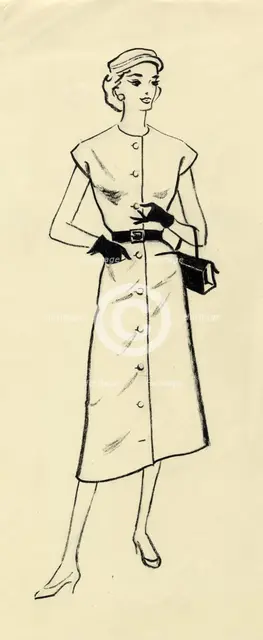 Woman in belted dress, c1950. Creator: Shirley Markham.