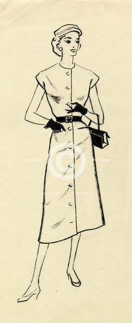 Woman in belted dress, c1950. Creator: Shirley Markham.
