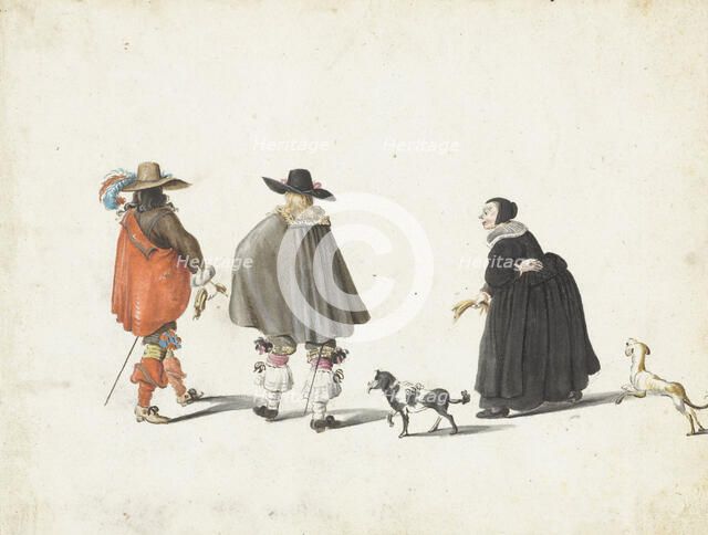 Woman in black, accompanied by two dogs, talking with two gentlemen, 1654-1655. Creator: Gesina ter Borch.