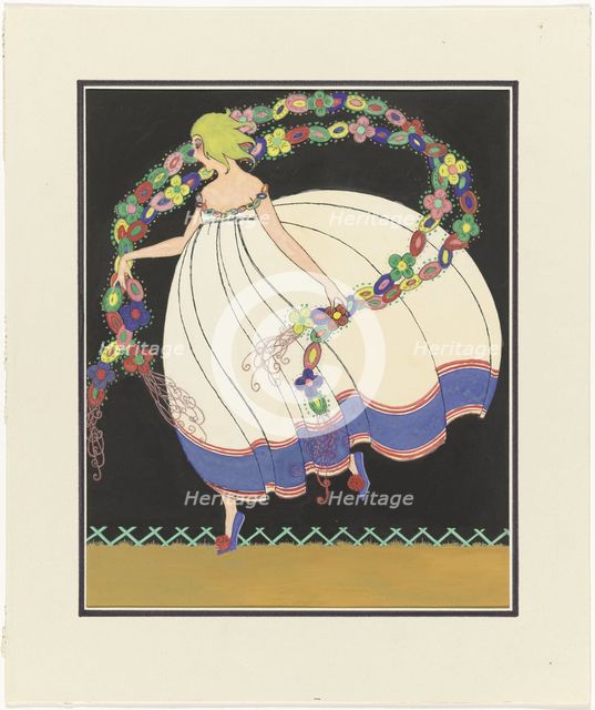 Woman in dress with full skirt, garlands in her hands, c.1910-c.1920.  Creator: Anon.