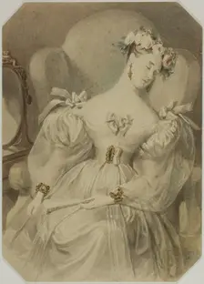 Woman in Evening Dress Asleep in Armchair, c. 1840. Creator: Alfred Chalon
