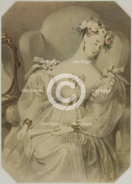 Woman in Evening Dress Asleep in Armchair, c. 1840. Creator: Alfred Chalon.