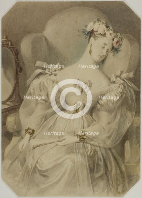 Woman in Evening Dress Asleep in Armchair, c. 1840. Creator: Alfred Chalon.