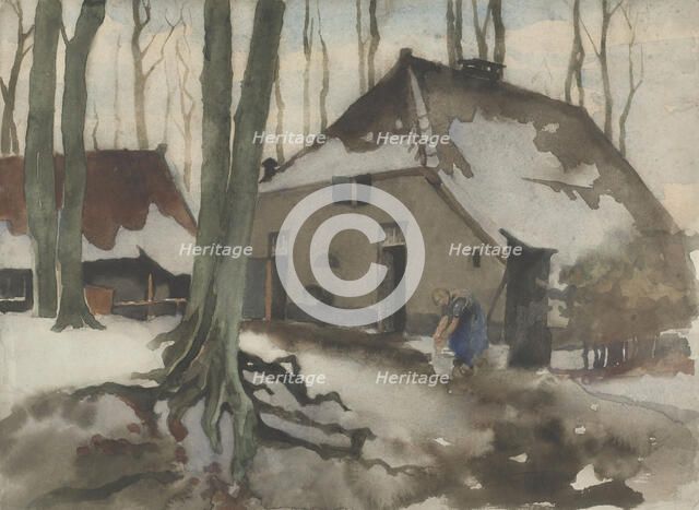 Woman in front of a house in a snowy forest, 1870-1923. Creator: Willem Witsen.