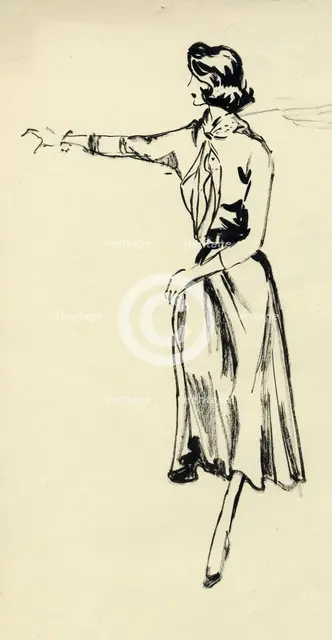 Woman in full skirt with outstretched arm, c1950. Creator: Shirley Markham.
