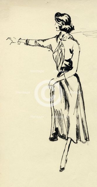 Woman in full skirt with outstretched arm, c1950. Creator: Shirley Markham.