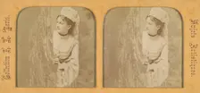 Woman in historical costume peering out around a tree, 1855-1865. Creator: Levy Fils & Cie