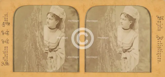Woman in historical costume peering out around a tree, 1855-1865. Creator: Levy Fils & Cie.