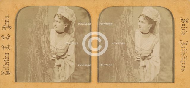 Woman in historical costume peering out around a tree, 1855-1865. Creator: Levy Fils & Cie.